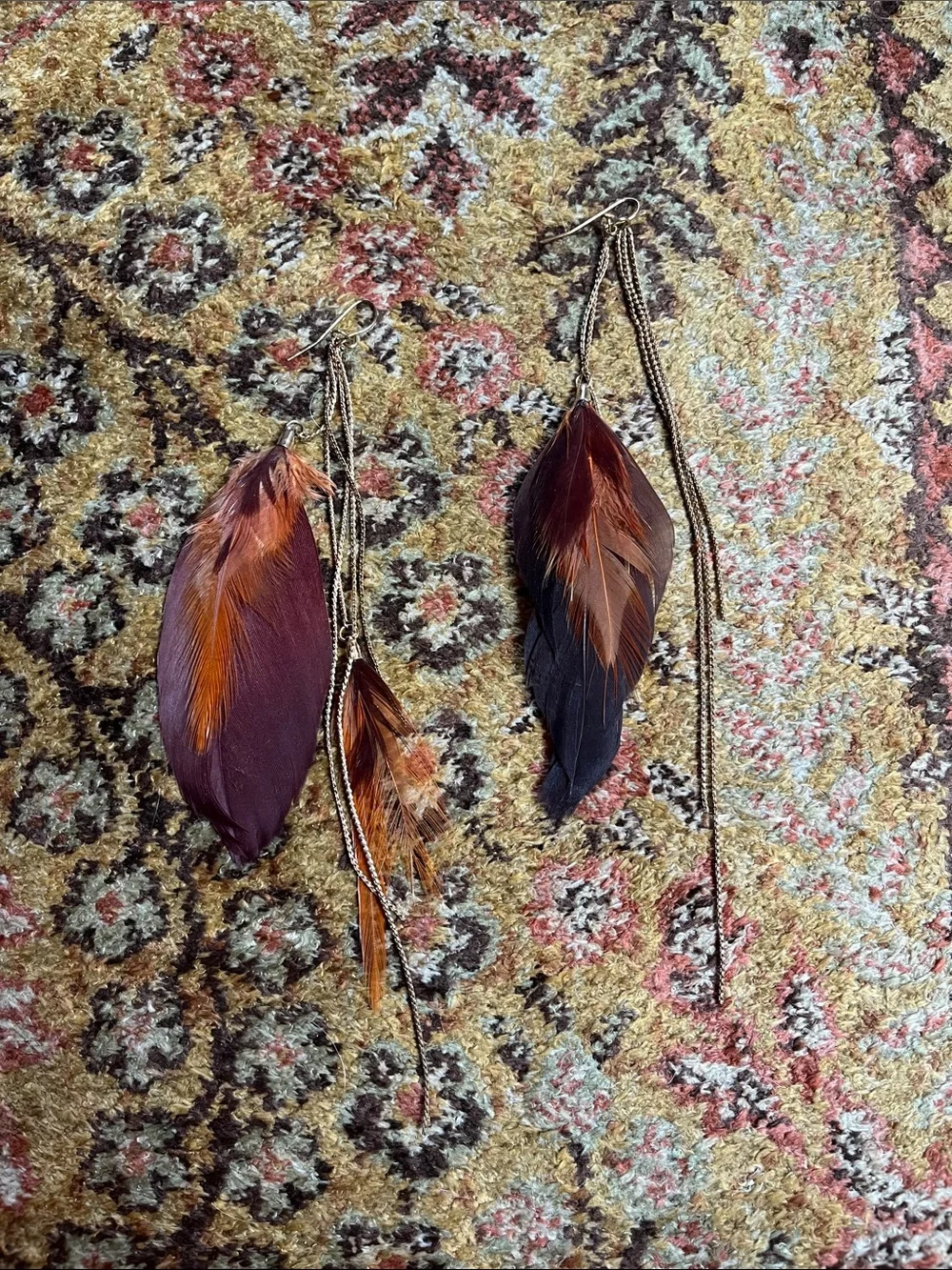 Gold dangle + brown feather earrings